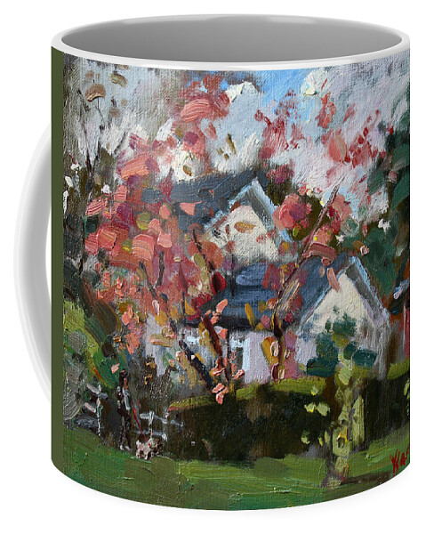 Fall Coffee Mug featuring the painting Waking the Dog by Ylli Haruni