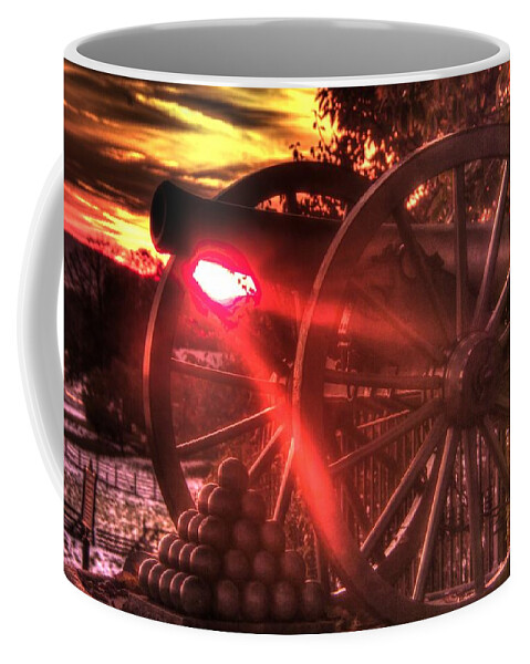 Civil War Coffee Mug featuring the photograph War Thunder - Union Artillery at the Copse of Trees Mid-Autumn Snow Sunset Gettysburg by Michael Mazaika