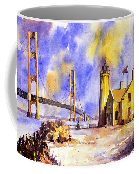 American Watercolor Society Coffee Mug featuring the painting Watercolor painting of ligthouse on Mackinaw Island- Michigan by Ryan Fox