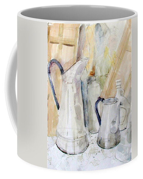 Greta Corens Watercolors Coffee Mug featuring the painting Watercolor still life of white cans by Greta Corens