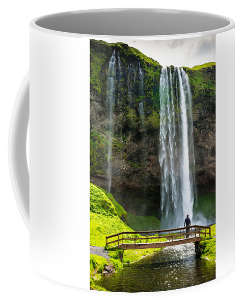 Iceland Coffee Mug featuring the photograph Waterfall with river and bridge Seljalandsfoss Iceland by Matthias Hauser