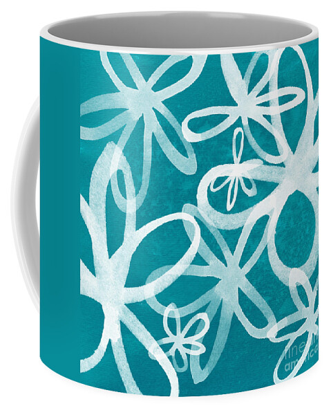Large Abstract Floral Painting Coffee Mug featuring the painting Waterflowers- teal and white by Linda Woods