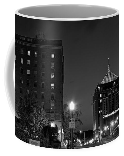 Black And White Coffee Mug featuring the photograph Wausau After Dark with the Crescent Moon Looking On by Dale Kauzlaric