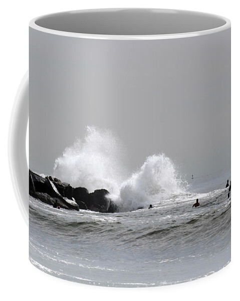 Beach Coffee Mug featuring the photograph Waves Crash Against Beach 91st Jetty by Maureen E Ritter