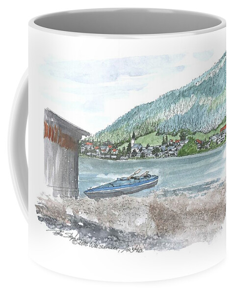 Landscape Coffee Mug featuring the drawing Weissensee canoo by Petra Stephens