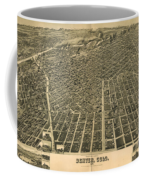 Denver Coffee Mug featuring the drawing Wellge's Birdseye Map of Denver Colorado - 1889 by Eric Glaser
