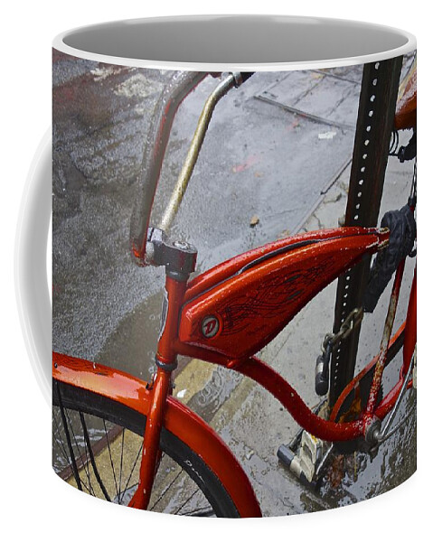 Orange Coffee Mug featuring the photograph Wet Orange Bike  NYC by Joan Reese