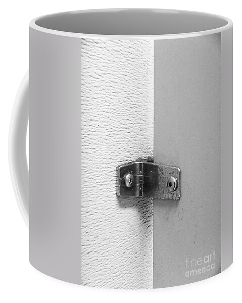 Black And White Coffee Mug featuring the photograph What holds the door by Fei A