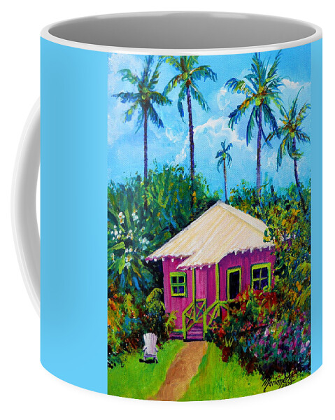 Plantation Cottage Coffee Mug featuring the painting Whimsical Pink Cottage by Marionette Taboniar