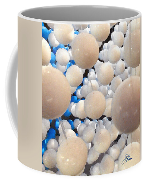 White Coffee Mug featuring the painting White and Blue Floating Balls by Joan Reese