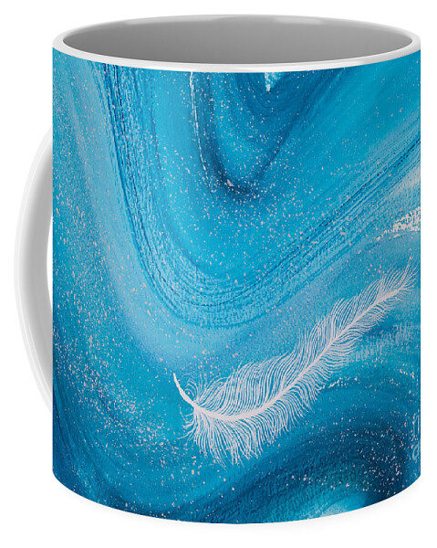 Feather Coffee Mug featuring the painting White spiritual feather on pale blue wave by Carolyn Bennett by Simon Bratt