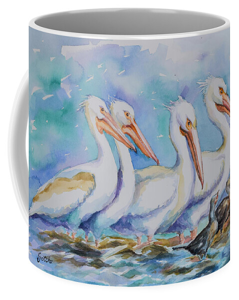 White Pelicans Coffee Mug featuring the painting White Pelicans by Jyotika Shroff
