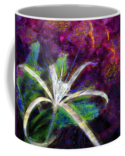 Sharkcrossing Coffee Mug featuring the digital art H White Spider Flower on Orange and Plum - Horizontal by Lyn Voytershark
