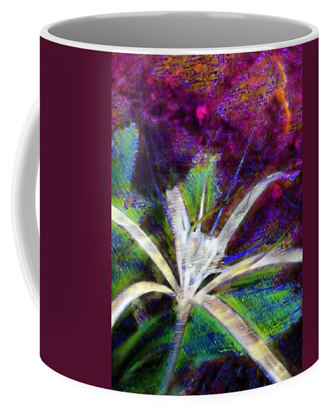 Sharkcrossing Coffee Mug featuring the painting V White Spider Flower on Orange and Plum - Vertical by Lyn Voytershark