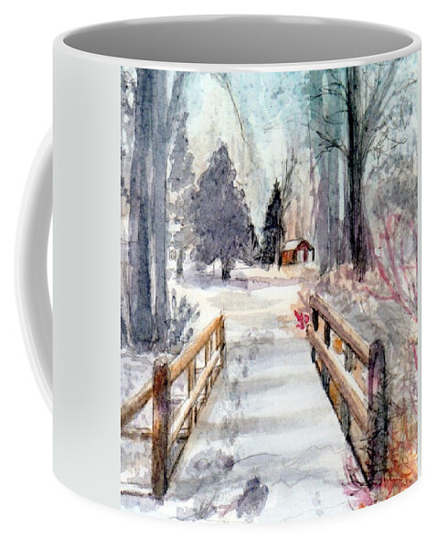 Watercolor Coffee Mug featuring the painting Winter Bridge by Deb Stroh-Larson