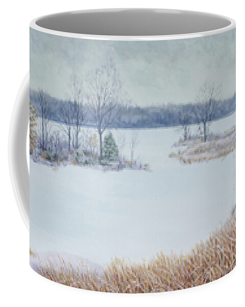 Panorama Coffee Mug featuring the painting Winter Lake and Cedars by Garry McMichael