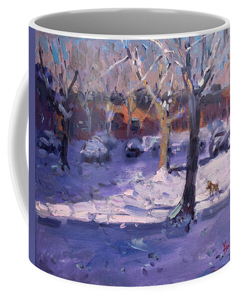 Winter Coffee Mug featuring the painting Winter Morning in my Courtyard by Ylli Haruni