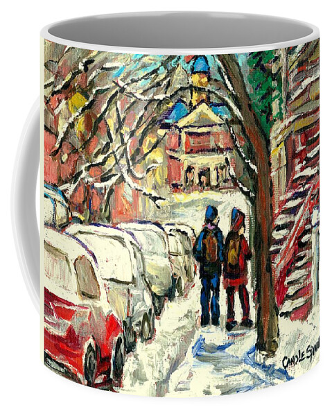 Montreal Coffee Mug featuring the painting Winter Scene Painting Rows Of Snow Covered Cars First School Day After Christmas Break Montreal Art by Carole Spandau