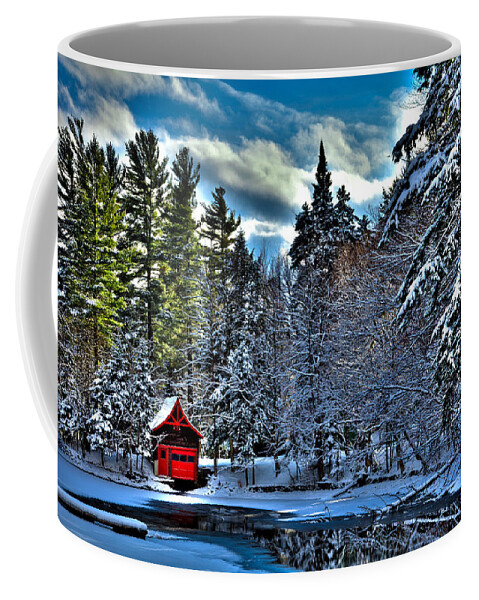 Winter Sun On The Red Boathouse Coffee Mug featuring the photograph Winter Sun on the Red Boathouse by David Patterson