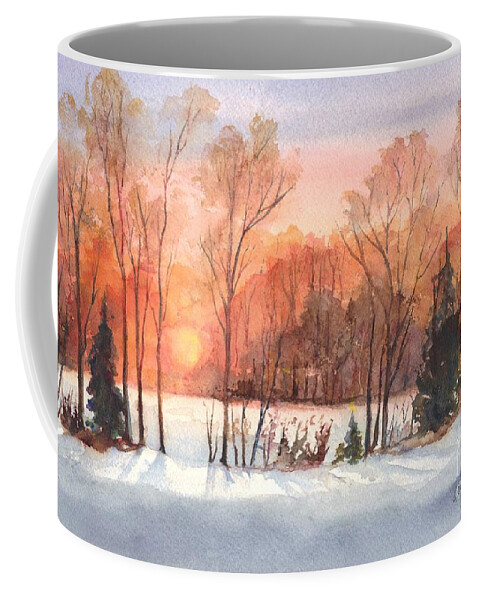 Winter Coffee Mug featuring the painting A Hedgerow Sunset by Carol Wisniewski