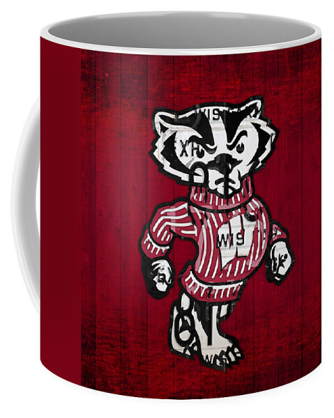 Wisconsin Coffee Mug featuring the mixed media Wisconsin Badgers College Sports Team Retro Vintage Recycled License Plate Art by Design Turnpike