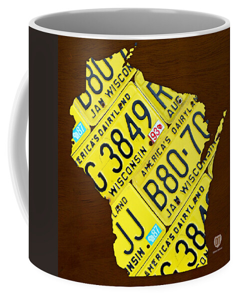 Wisconsin License Plate Map By Design Turnpike Madison Milwaukee License Plate Map Coffee Mug featuring the mixed media Wisconsin License Plate Map by Design Turnpike by Design Turnpike