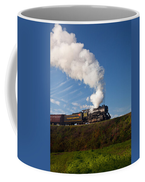Antique Coffee Mug featuring the photograph WM Steam train powers along railway by Steven Heap
