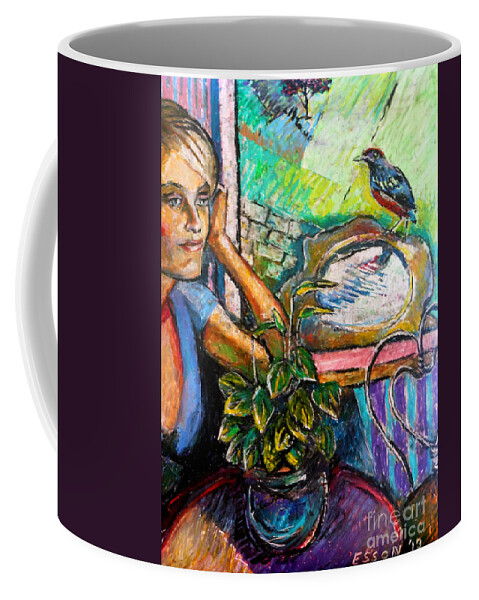 Woman Coffee Mug featuring the drawing Woman and Robin by Stan Esson