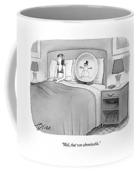 Woman In Bed With A Huge Snow-globe Coffee Mug