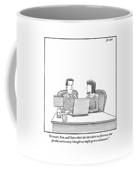 Woman Speaks To Husband As They Sit Behind A Desk Coffee Mug