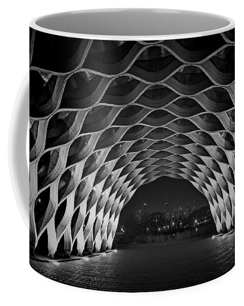 Wooden Arch Coffee Mug featuring the photograph Wooden Archway with Chicago skyline in black and white by Sven Brogren