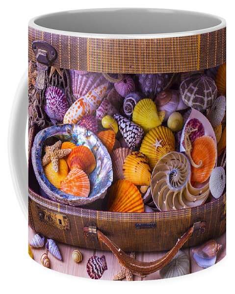 Suitcase Full Sea Shells Travel Coffee Mug featuring the photograph Worn Suitcase Full Of Sea Shells by Garry Gay