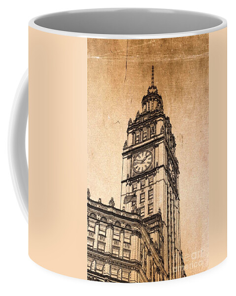 Wrigley Tower Coffee Mug featuring the digital art Wrigley Clock Tower Chicago by Dejan Jovanovic