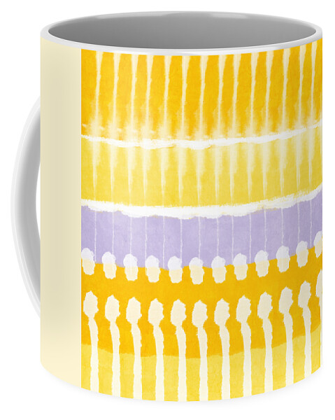 Abstract Coffee Mug featuring the painting Yellow and Grey Tie Dye by Linda Woods