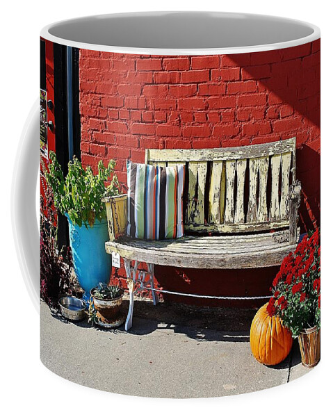 Yellow Coffee Mug featuring the photograph Yellow Bench by Ludwig Keck
