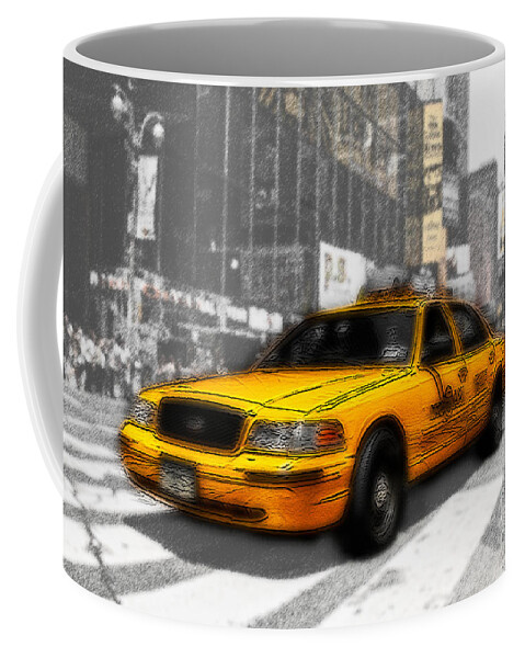 Hypo Vereins Bank Coffee Mug featuring the photograph Yellow Cab at the Times Square -comic by Hannes Cmarits
