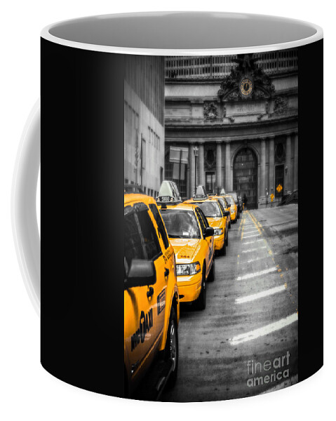 Nyc Coffee Mug featuring the photograph Yellow Cabs waiting - Grand Central Terminal - bw o by Hannes Cmarits