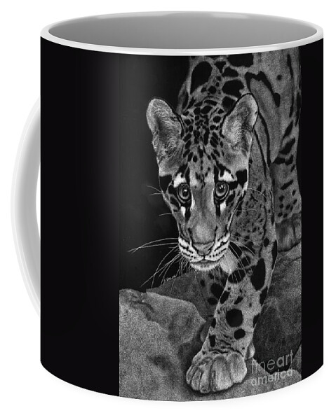 Scratch Board Coffee Mug featuring the drawing Yim - The Clouded Leopard by Sheryl Unwin