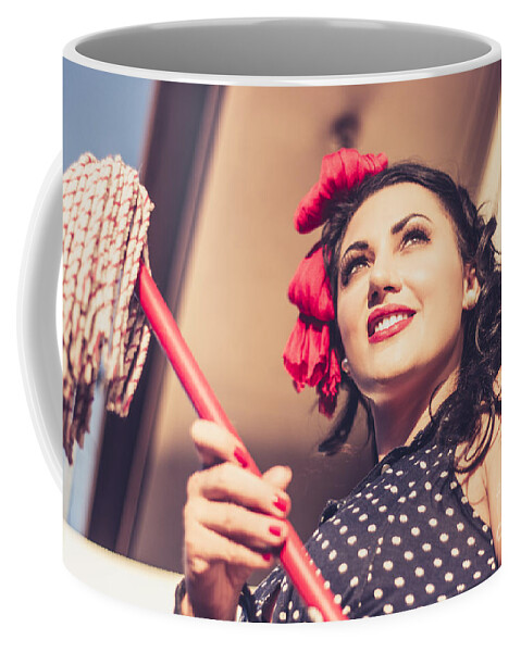 Pinup Coffee Mug featuring the photograph Young 50s brunette housewife holding red mop by Jorgo Photography