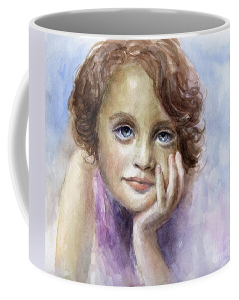 Child Portrait Coffee Mug featuring the painting Young girl child watercolor portrait by Svetlana Novikova