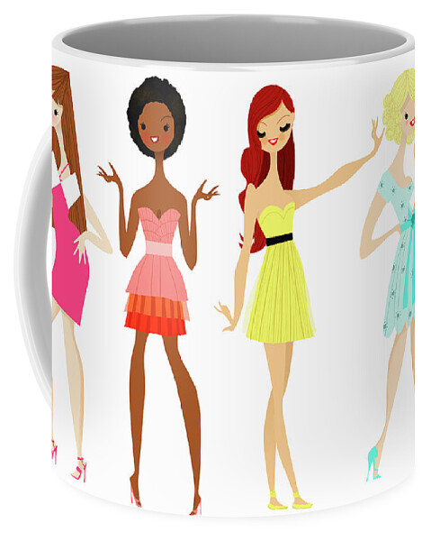 20-25 Coffee Mug featuring the photograph Young Women In A Row Modeling Dresses by Ikon Ikon Images