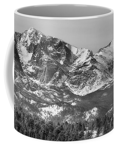 Rocky Mountains Coffee Mug featuring the photograph Ypsilon Mountain and Fairchild Mountain Panorama RMNP BW by James BO Insogna