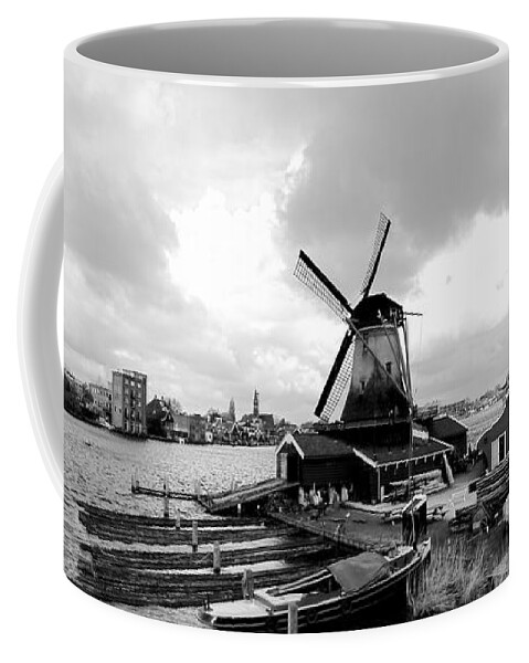 Zaanse Schans Coffee Mug featuring the photograph Zaanse Schans Pano in Black and White by Jenny Hudson