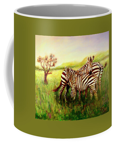 Zebra Coffee Mug featuring the painting Zebras at Ngorongoro Crater by Sher Nasser