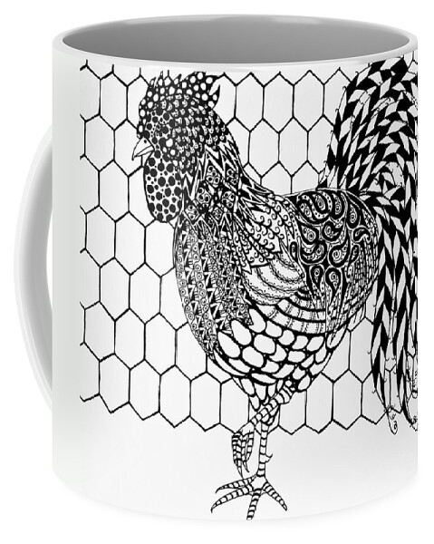 Rooster Coffee Mug featuring the drawing Zentangle Rooster by Jani Freimann
