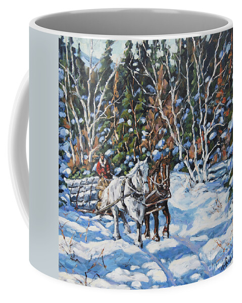 Art Coffee Mug featuring the painting Horses Hauling wood in winter by Prankearts by Richard T Pranke