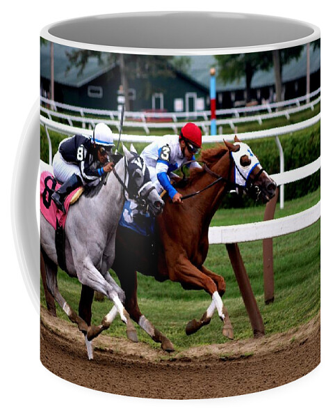 Horse Racing Coffee Mug featuring the photograph Neck and Neck at Saratoga One #1 by Joshua House