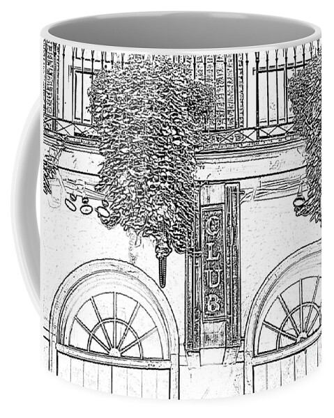 New Orleans Coffee Mug featuring the digital art Neon Club Sign Bourbon Street Corner French Quarter Black and White Photocopy Digital Art #1 by Shawn O'Brien