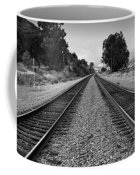Wingsdomain Coffee Mug featuring the photograph Railroad Tracks With The New Alfred Zampa Memorial Bridge and The Old Carquinez Bridge In Distance #1 by Wingsdomain Art and Photography
