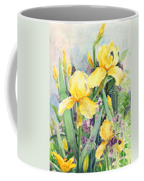 Iris Coffee Mug featuring the painting Yellow iris by Nancy Watson